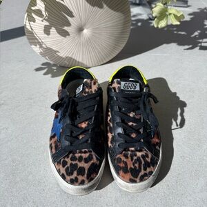 Golden Goose Leopard Print Sneakers with Blue Star